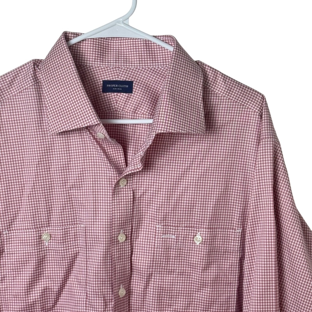Proper Cloth Button Down Mens 18.8 Red Micro Gingham Stretch Non-Iron Pocket